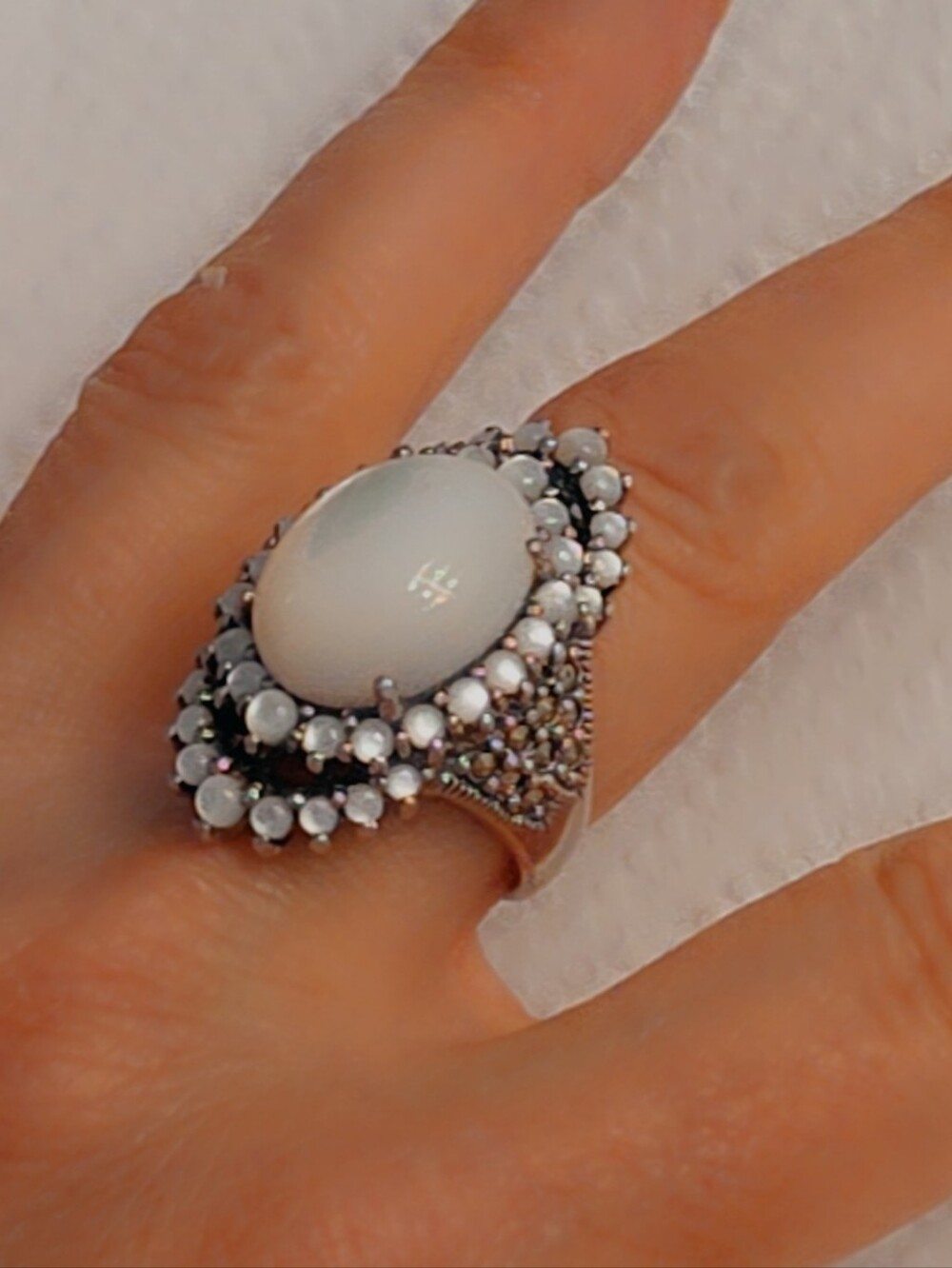 Estate Pearl, Onyx & Marcasite Statement Cocktail Ring Sz 8½